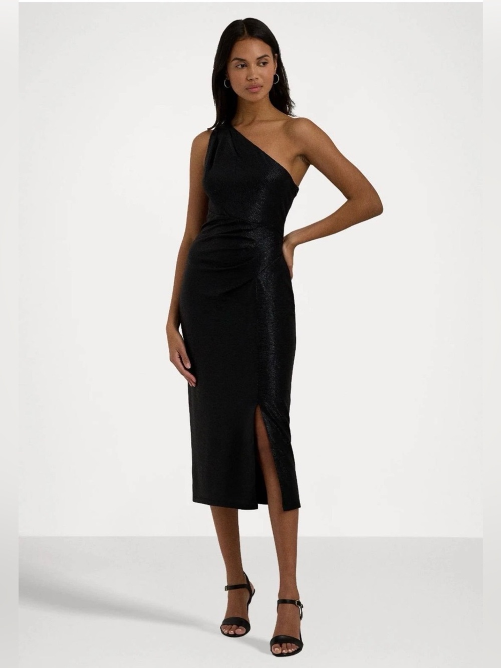 Lauren Ralph Lauren Women’s One Shoulder Black Metallic Midi Dress size 8 NWT